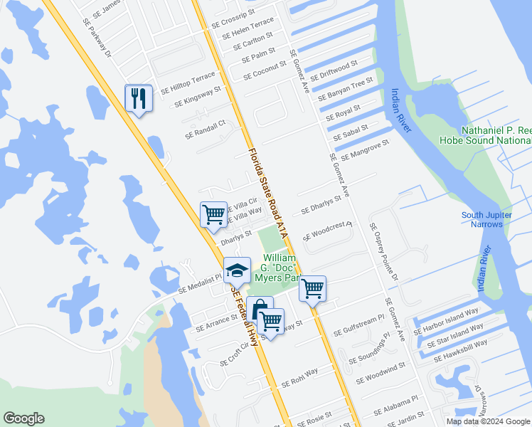 map of restaurants, bars, coffee shops, grocery stores, and more near 8045 Southeast Villa Circle in Hobe Sound