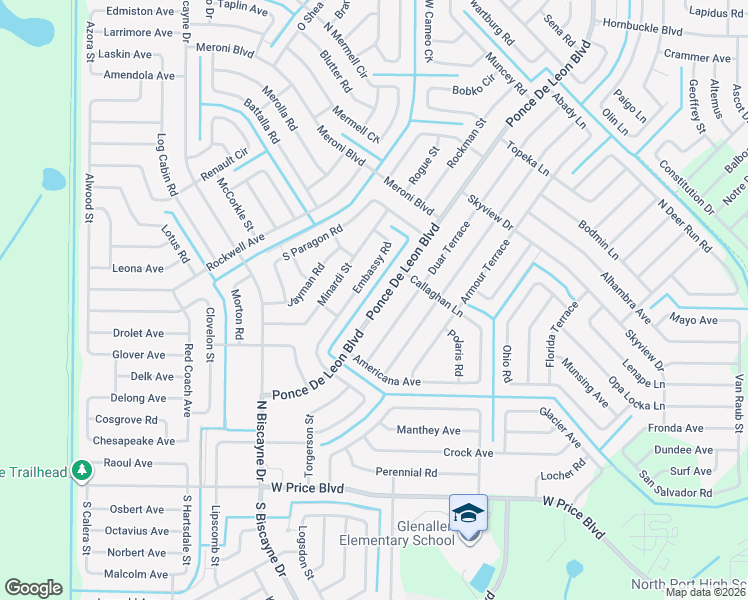 map of restaurants, bars, coffee shops, grocery stores, and more near 2637 Ponce De Leon Boulevard in North Port