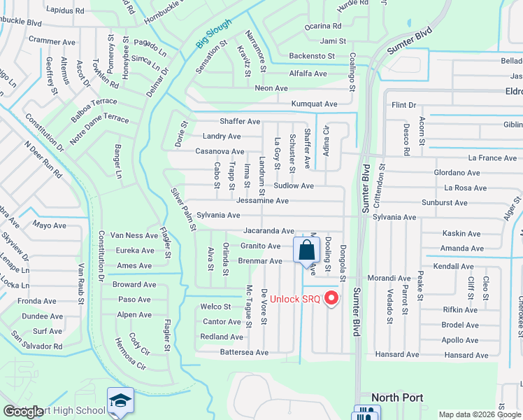 map of restaurants, bars, coffee shops, grocery stores, and more near 3014 Landrum Street in North Port