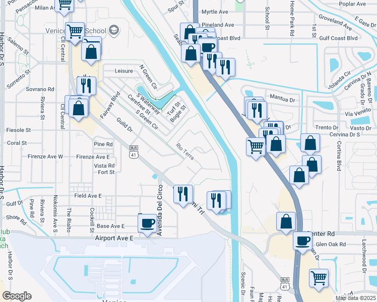 map of restaurants, bars, coffee shops, grocery stores, and more near 335 Rio Terra in Venice