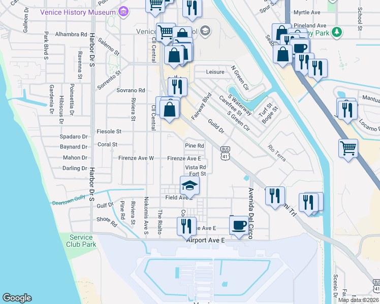 map of restaurants, bars, coffee shops, grocery stores, and more near 66 Park Avenue in Venice