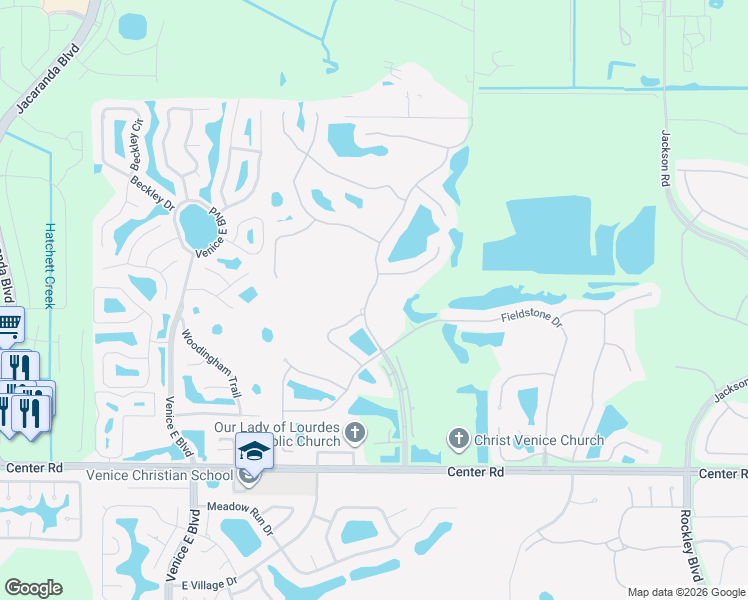 map of restaurants, bars, coffee shops, grocery stores, and more near 288 Venice Golf Club Drive in Venice