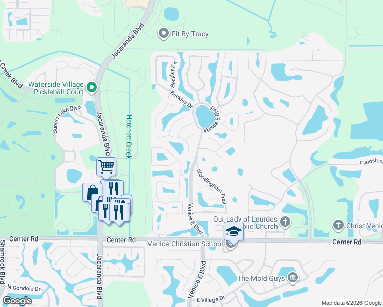 map of restaurants, bars, coffee shops, grocery stores, and more near 648 Sugarwood Trail in Venice