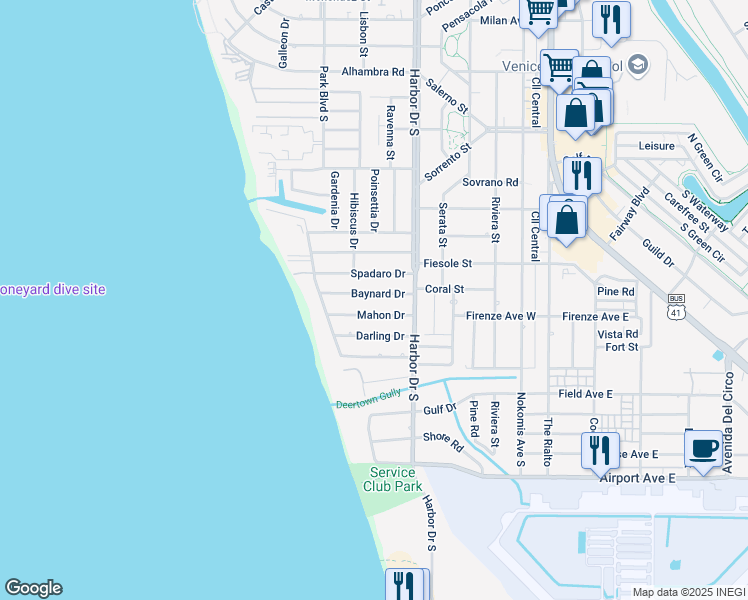 map of restaurants, bars, coffee shops, grocery stores, and more near 425 Baynard Drive in Venice
