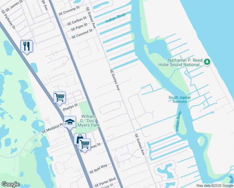 map of restaurants, bars, coffee shops, grocery stores, and more near 9740 Southeast Gomez Avenue in Hobe Sound