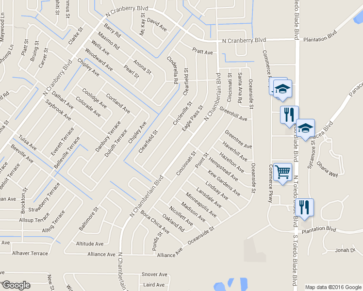 map of restaurants, bars, coffee shops, grocery stores, and more near 3317 North Chamberlain Boulevard in North Port
