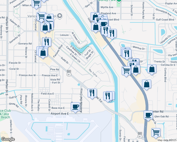 map of restaurants, bars, coffee shops, grocery stores, and more near 324 Rio Terra in Venice