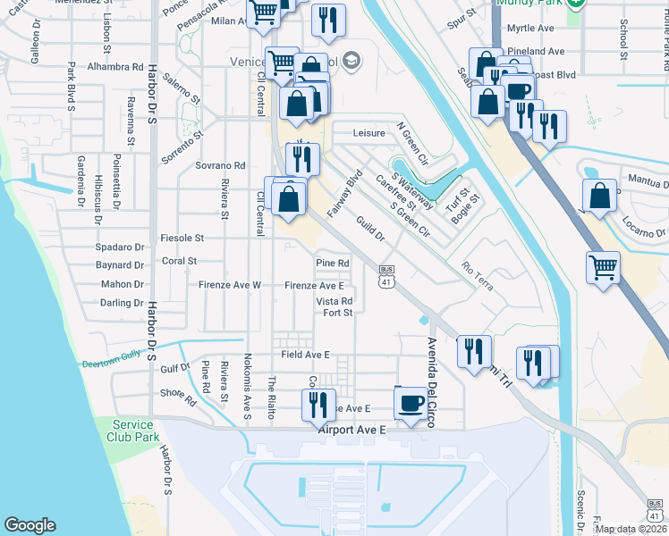 map of restaurants, bars, coffee shops, grocery stores, and more near 66 Park Avenue in Venice