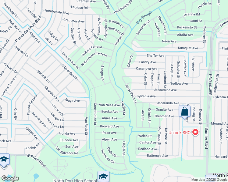 map of restaurants, bars, coffee shops, grocery stores, and more near Hamer Terrace in North Port