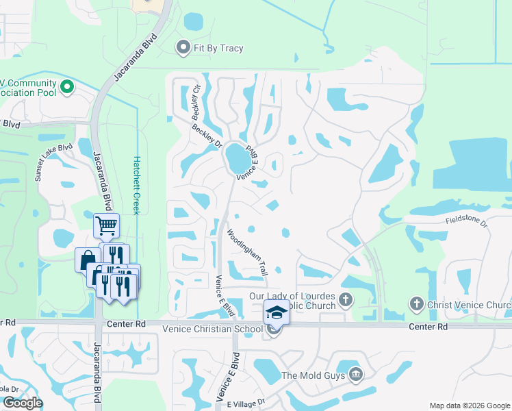 map of restaurants, bars, coffee shops, grocery stores, and more near 448 Pendleton Court in Venice