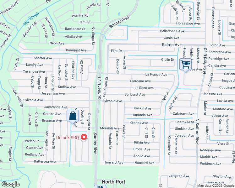 map of restaurants, bars, coffee shops, grocery stores, and more near 4687 Sunburst Avenue in North Port