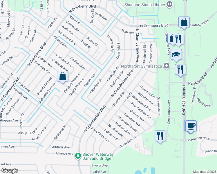 map of restaurants, bars, coffee shops, grocery stores, and more near 3329 Eagle Pass Street in North Port