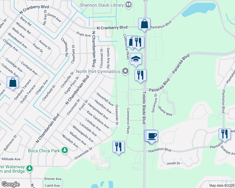 map of restaurants, bars, coffee shops, grocery stores, and more near 3692 Oceanside Street in North Port
