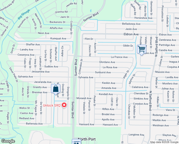 map of restaurants, bars, coffee shops, grocery stores, and more near 4687 Sunburst Avenue in North Port