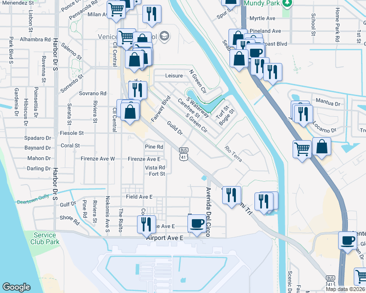 map of restaurants, bars, coffee shops, grocery stores, and more near 825 South Tamiami Trail in Venice