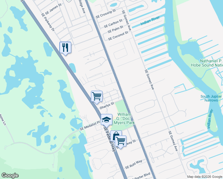 map of restaurants, bars, coffee shops, grocery stores, and more near 8014 Southeast Villa Circle in Hobe Sound