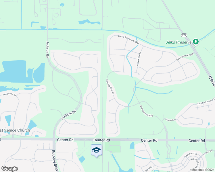 map of restaurants, bars, coffee shops, grocery stores, and more near 11520 Dancing River Drive in Venice