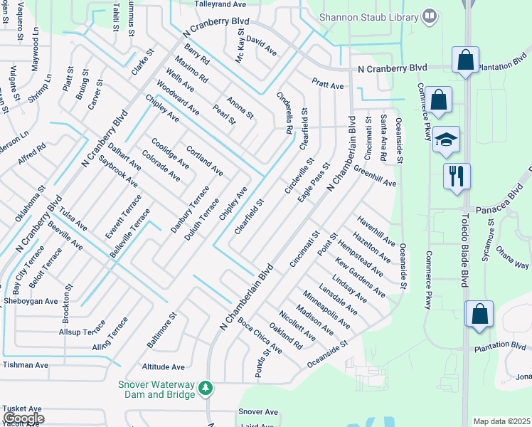 map of restaurants, bars, coffee shops, grocery stores, and more near 3305 Circleville Street in North Port