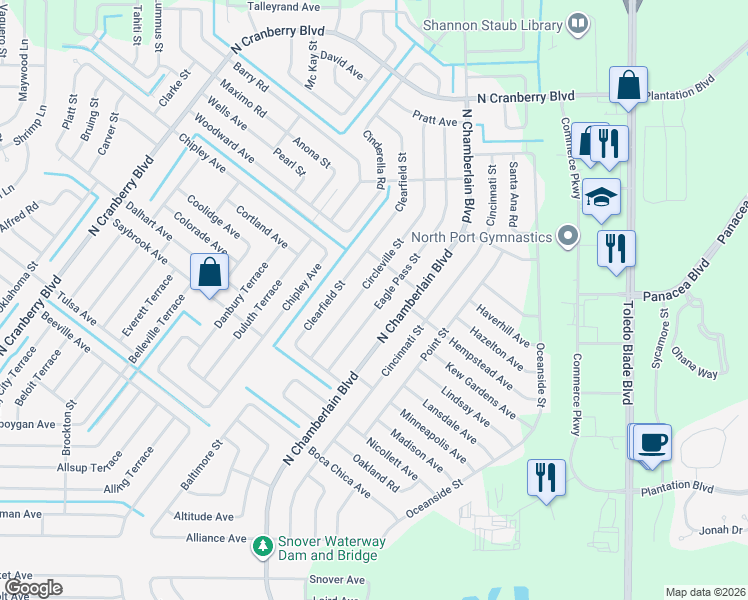 map of restaurants, bars, coffee shops, grocery stores, and more near 3329 Eagle Pass Street in North Port