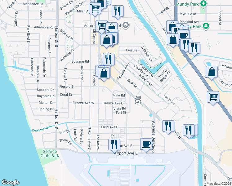 map of restaurants, bars, coffee shops, grocery stores, and more near 66 Park Avenue in Venice