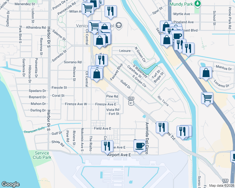 map of restaurants, bars, coffee shops, grocery stores, and more near 66 Park Avenue in Venice