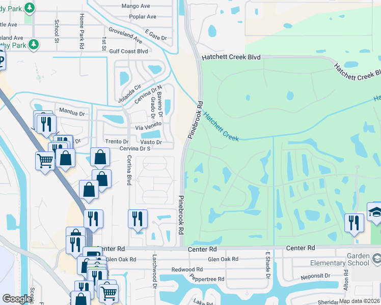 map of restaurants, bars, coffee shops, grocery stores, and more near 607 Cockatoo Circle in Venice