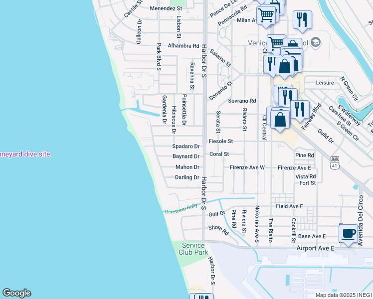 map of restaurants, bars, coffee shops, grocery stores, and more near 425 Baynard Drive in Venice
