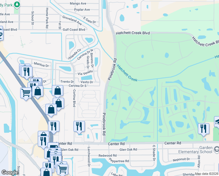 map of restaurants, bars, coffee shops, grocery stores, and more near 607 Cockatoo Circle in Venice
