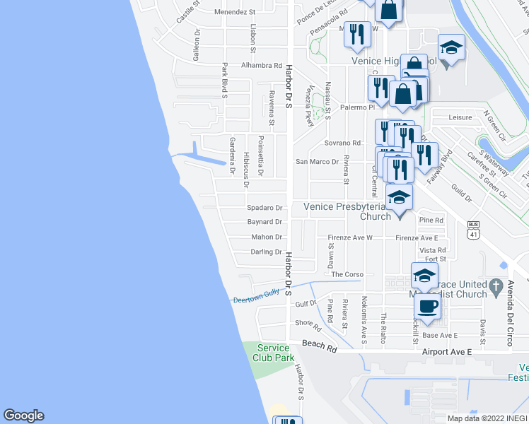 map of restaurants, bars, coffee shops, grocery stores, and more near 425 Baynard Drive in Venice