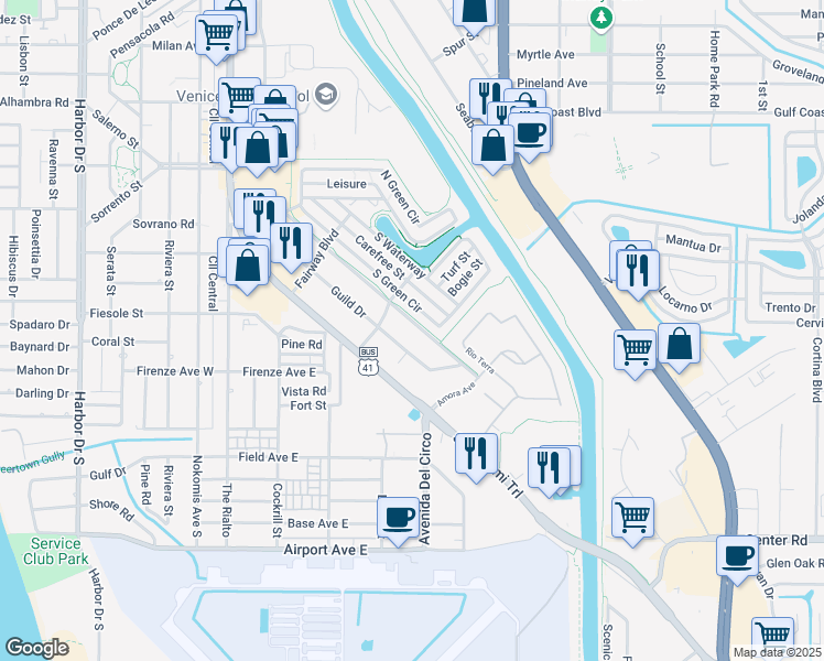 map of restaurants, bars, coffee shops, grocery stores, and more near 818 Golf Drive in Venice