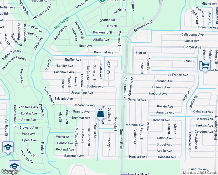 map of restaurants, bars, coffee shops, grocery stores, and more near 5158 Sudlow Avenue in North Port