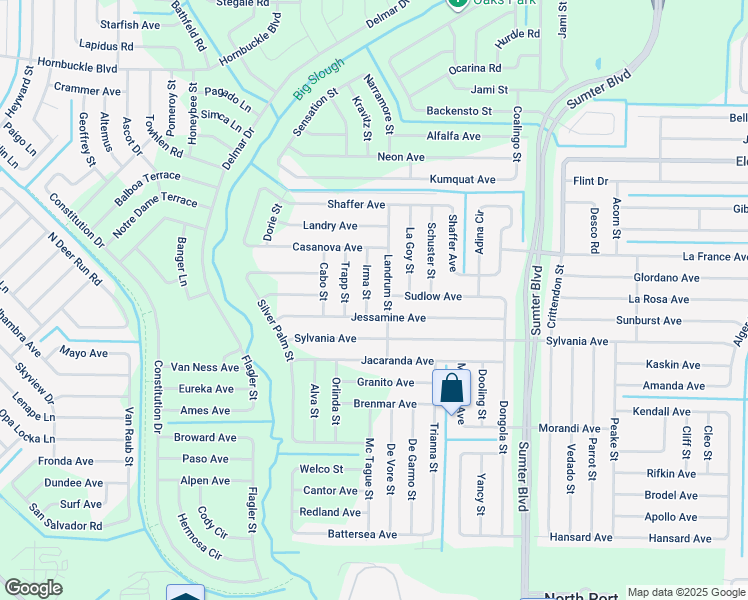 map of restaurants, bars, coffee shops, grocery stores, and more near 3273 Landrum Street in North Port