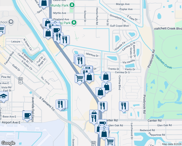 map of restaurants, bars, coffee shops, grocery stores, and more near 711 Locarno Drive in Venice