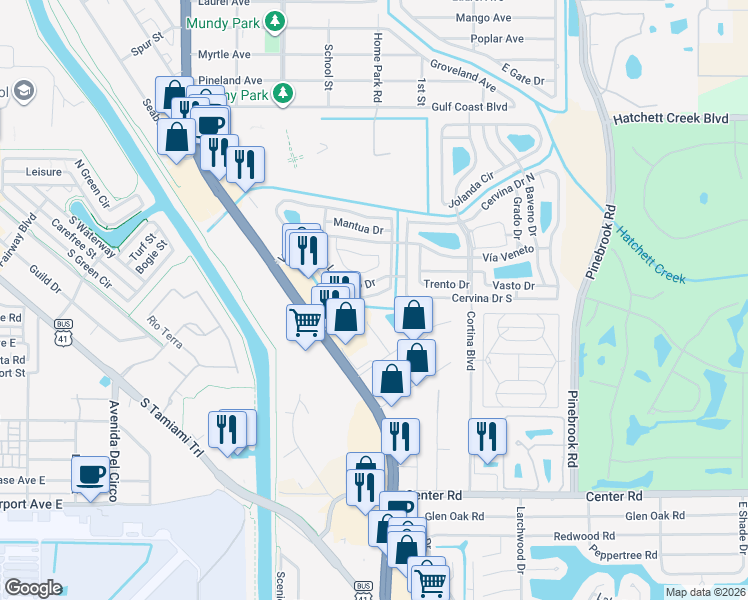 map of restaurants, bars, coffee shops, grocery stores, and more near 744 Roma Road in Venice
