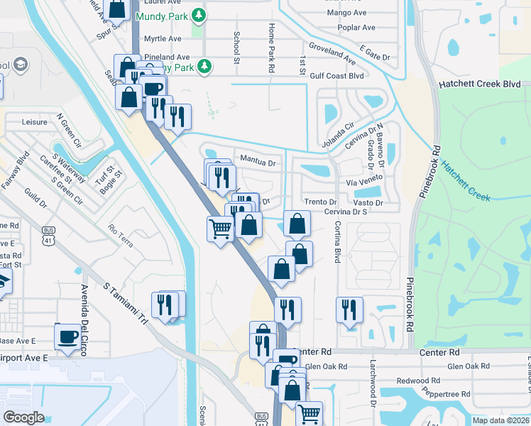map of restaurants, bars, coffee shops, grocery stores, and more near 731 Roma Road in Venice