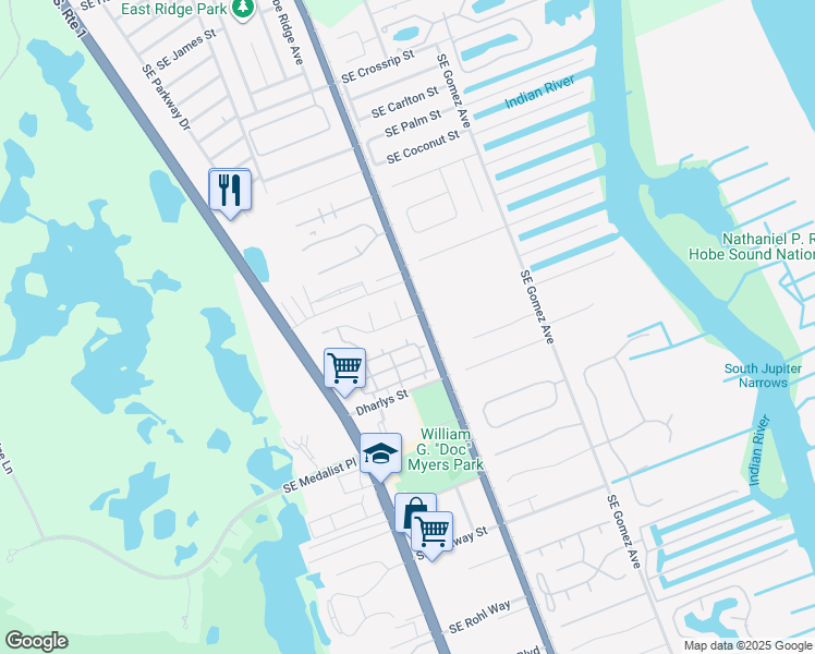 map of restaurants, bars, coffee shops, grocery stores, and more near 8092 Southeast Highpoint Way in Hobe Sound