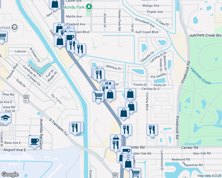 map of restaurants, bars, coffee shops, grocery stores, and more near 711 Locarno Drive in Venice
