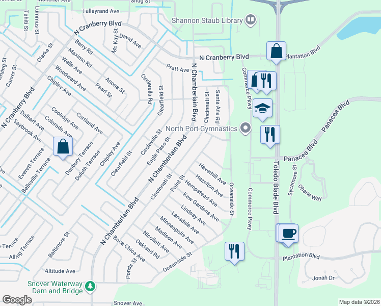 map of restaurants, bars, coffee shops, grocery stores, and more near 3678 Cincinnati Street in North Port