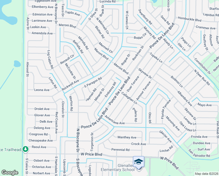 map of restaurants, bars, coffee shops, grocery stores, and more near 2749 Embassy Road in North Port