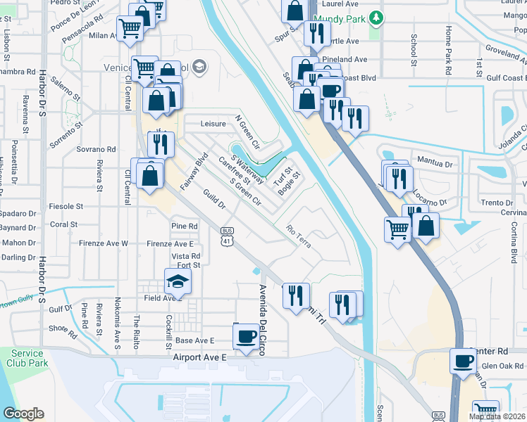 map of restaurants, bars, coffee shops, grocery stores, and more near 815 South Green Circle in Venice