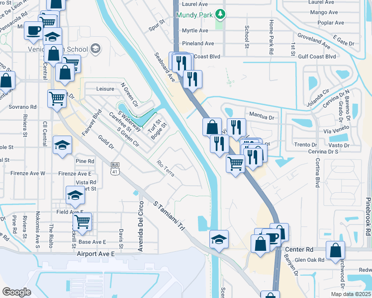 map of restaurants, bars, coffee shops, grocery stores, and more near 246 Rio Terra in Venice