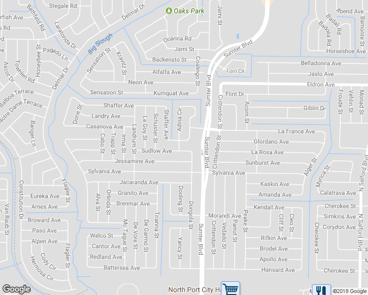 map of restaurants, bars, coffee shops, grocery stores, and more near 5158 Sudlow Ave in North Port