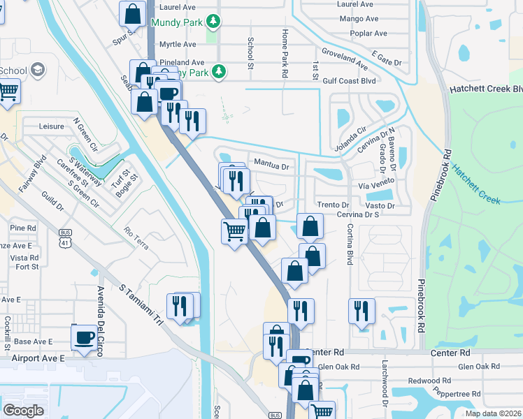 map of restaurants, bars, coffee shops, grocery stores, and more near 711 Locarno Drive in Venice