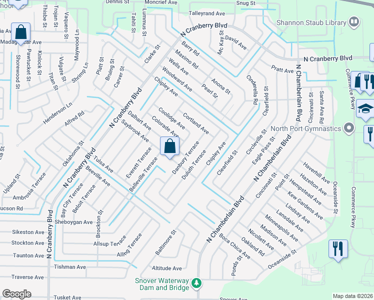 map of restaurants, bars, coffee shops, grocery stores, and more near 4143 Danbury Terrace in North Port