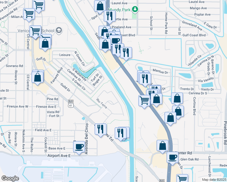 map of restaurants, bars, coffee shops, grocery stores, and more near 246 Rio Terra in Venice