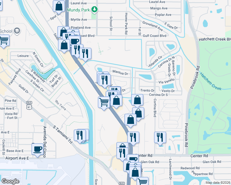 map of restaurants, bars, coffee shops, grocery stores, and more near 711 Locarno Drive in Venice