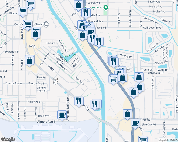map of restaurants, bars, coffee shops, grocery stores, and more near 246 Rio Terra in Venice