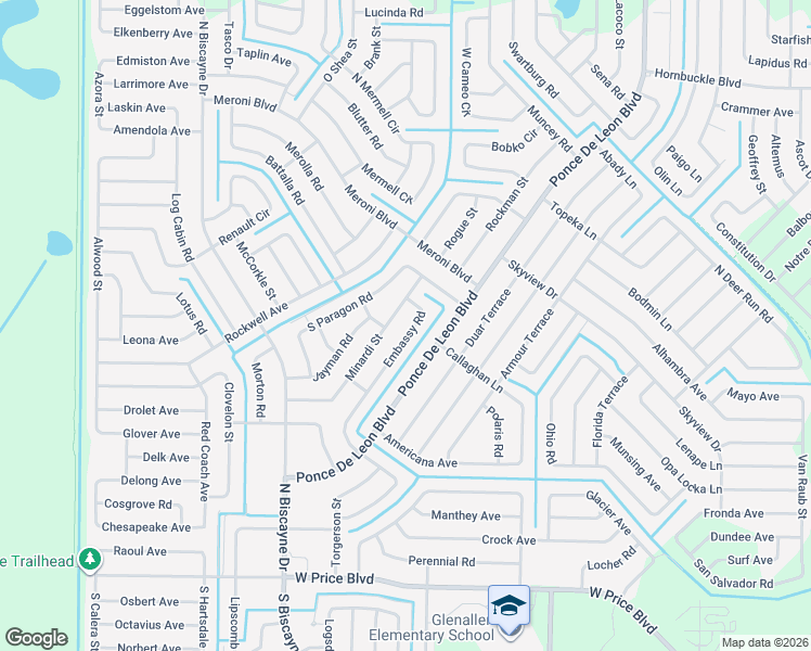 map of restaurants, bars, coffee shops, grocery stores, and more near 2749 Embassy Road in North Port