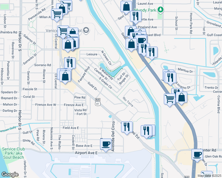 map of restaurants, bars, coffee shops, grocery stores, and more near 815 South Green Circle in Venice