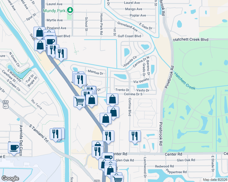 map of restaurants, bars, coffee shops, grocery stores, and more near 408 Trento Drive in Venice